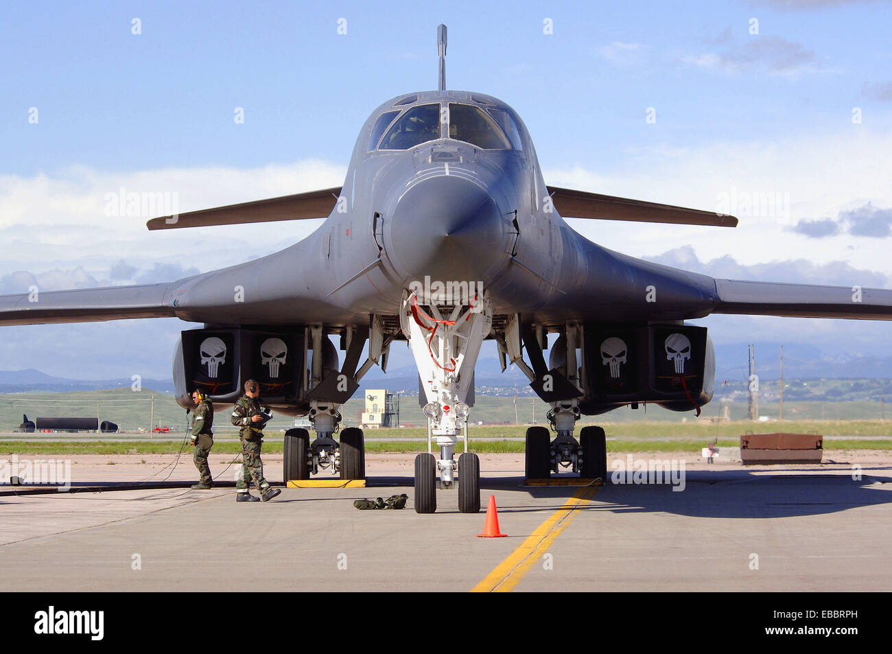 A 37th Bomb Squadron B-1b Lancer awaits pre-flight inspections at Ellsworth Air Force Base, S.D., May 23, 2006. Ellsworth is Stock Photo