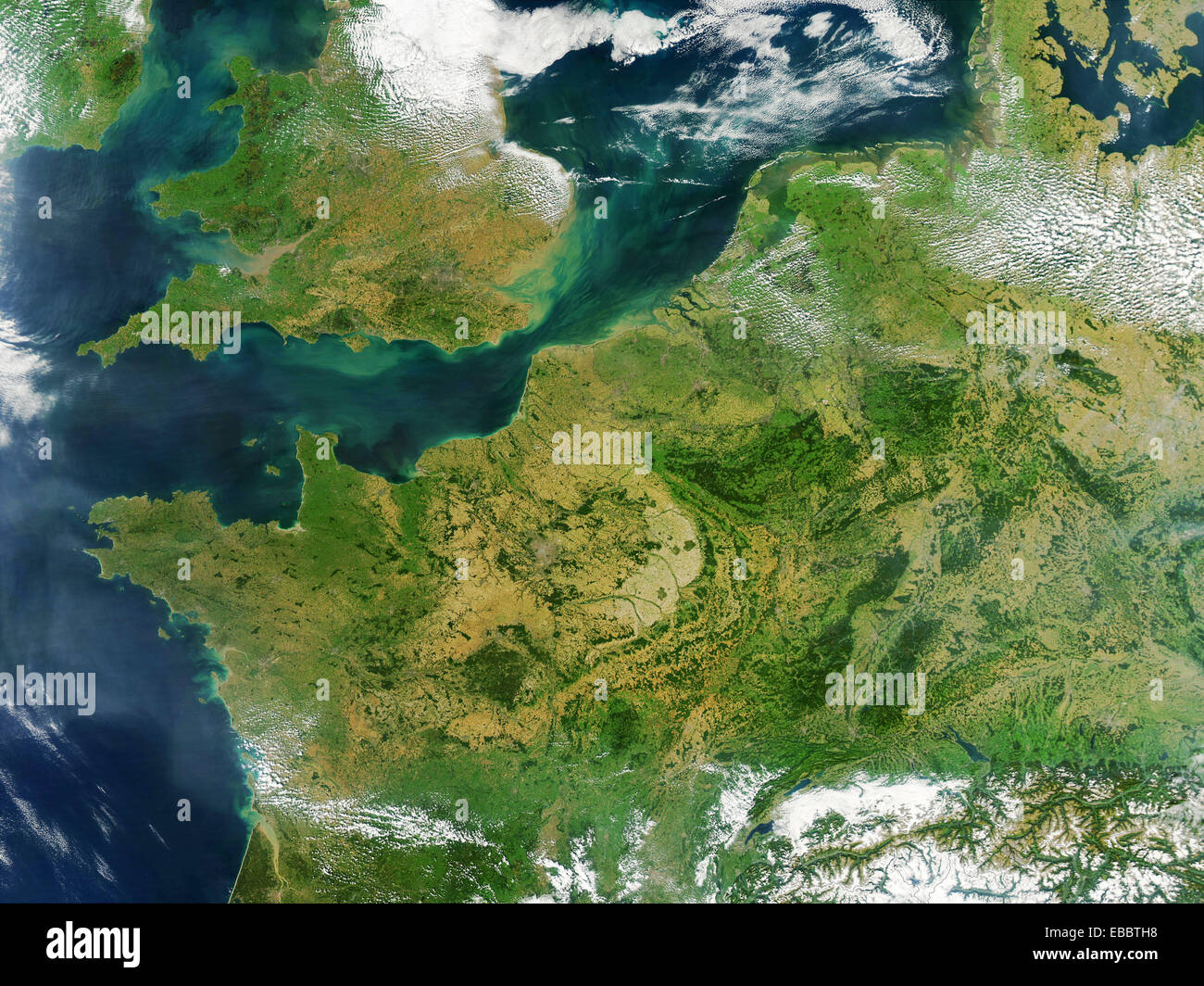 Much of northwestern Europe is shown in this true-color Aqua MODIS image from September 13, 2002. From upper left are Ireland, Stock Photo