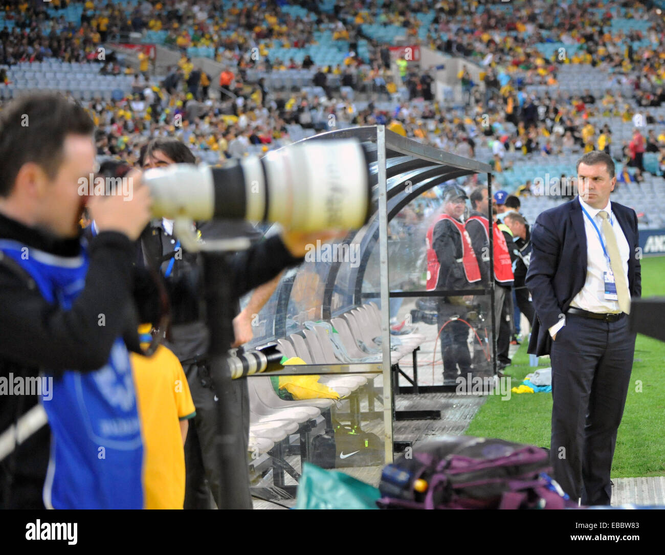 Australia's final game in Australia before the World Cup finals ended in a 1-1 draw against a depleted South African side.  Featuring: Ange Postecoglou Where: Sydney, Australia When: 26 May 2014 Stock Photo