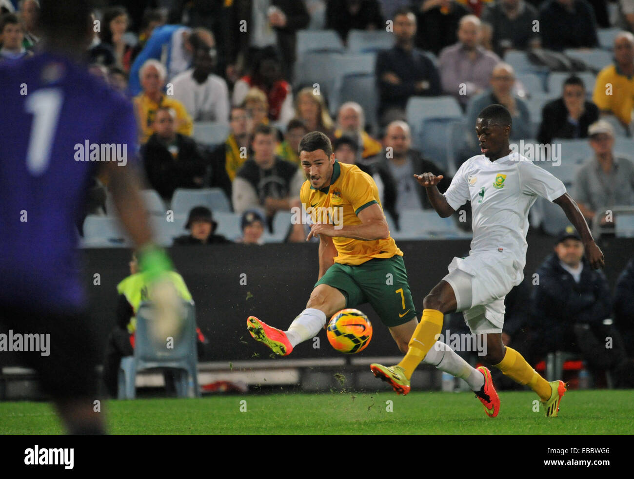 Australia's final game in Australia before the World Cup finals ended in a 1-1 draw against a depleted South African side.  Featuring: Matthew Leckie Where: Sydney, Australia When: 26 May 2014 Stock Photo