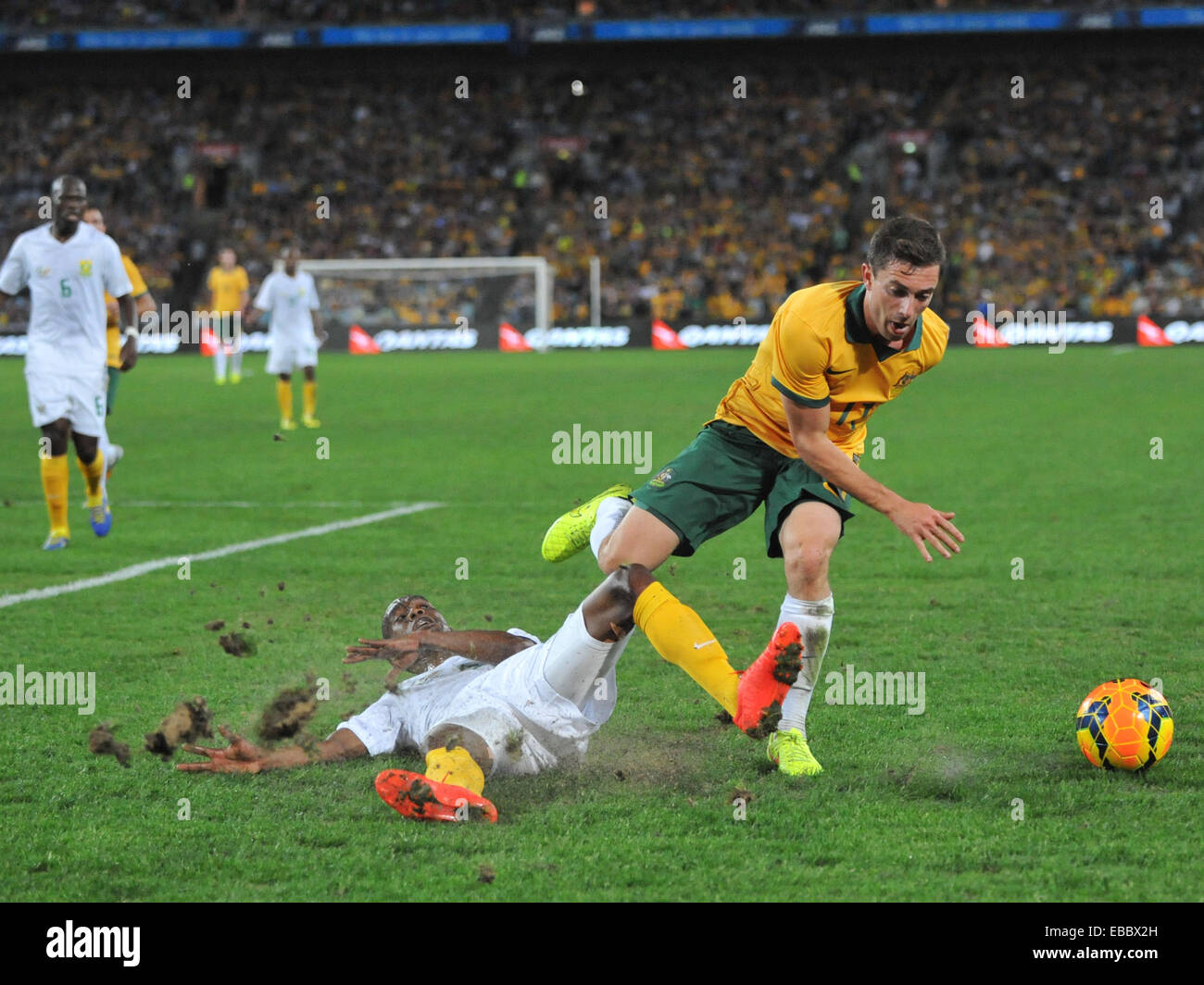 Australia's final game in Australia before the World Cup finals ended in a 1-1 draw against a depleted South African side.  Featuring: Tommy Oar Where: Sydney, Australia When: 26 May 2014 Stock Photo
