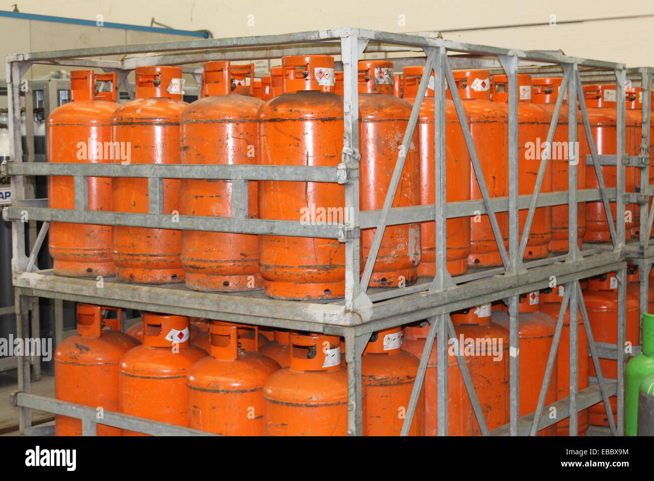 orange propane cylinders Stock Photo