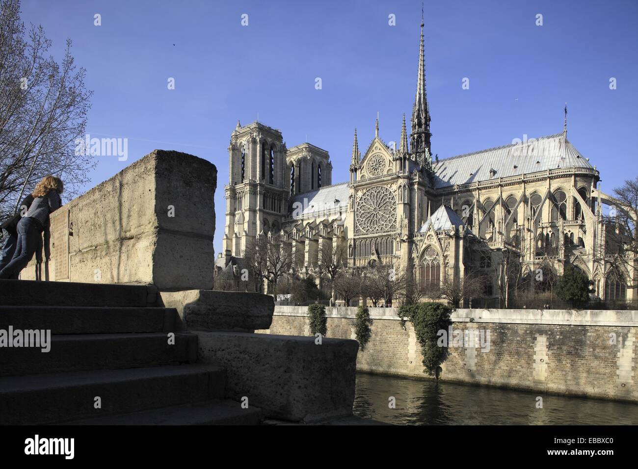 Visitors on the Left Bank of River Seine with Notre Dame Cathedral in the background  Paris  France. Stock Photo