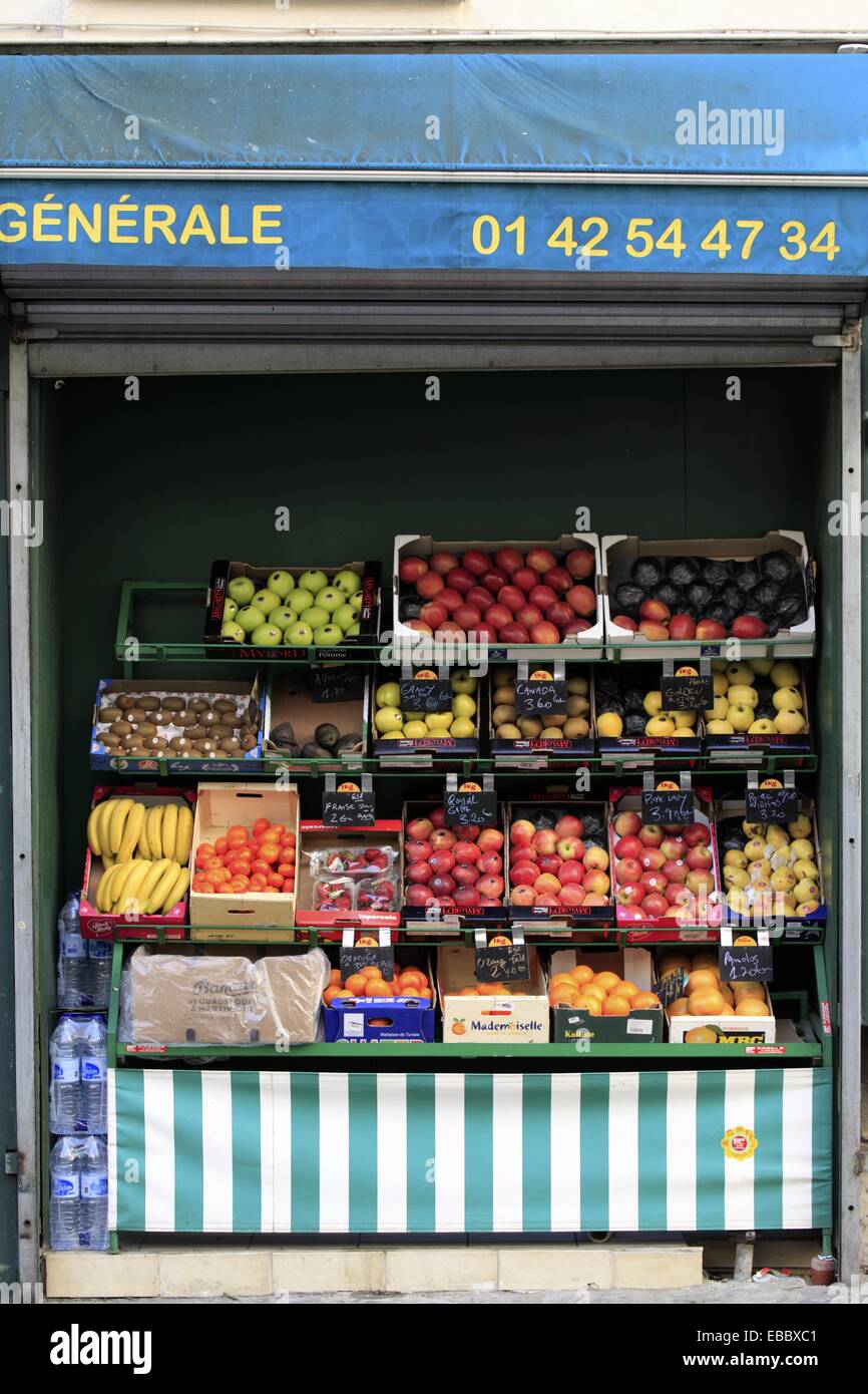Fruits for sale in a local grocery store in Montmartre  Paris  France. Stock Photo