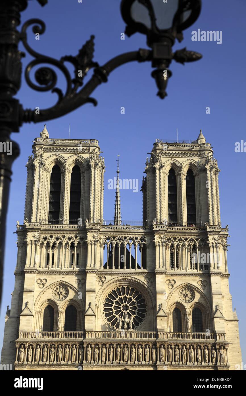 A lamp post with the west facade of Notre Dame Cathedral Paris France Stock  Photo - Alamy