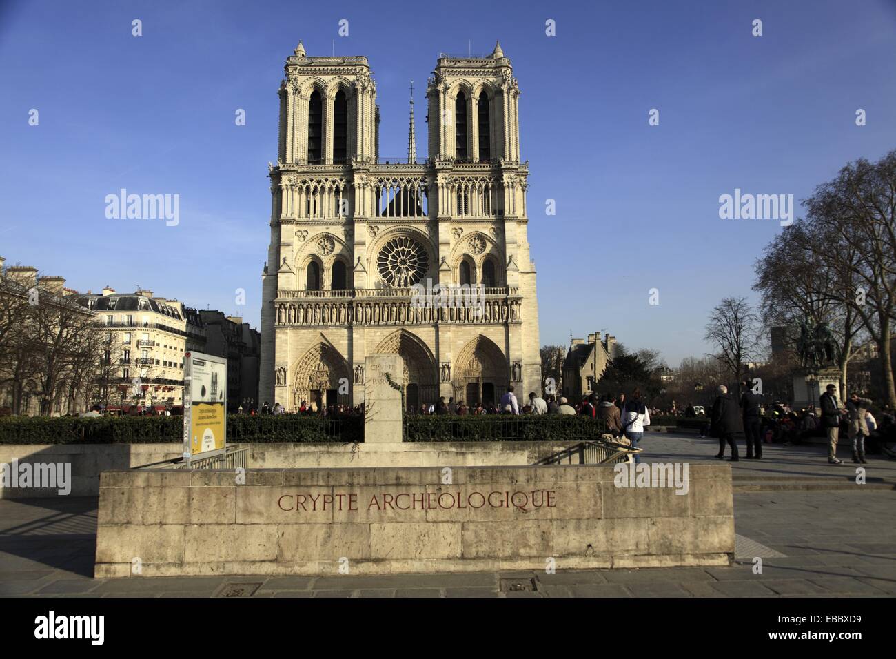 The archaeological crypt of Notre Dame with the bell towers of Notre Dame Cathedral in the background  Paris  France. Stock Photo