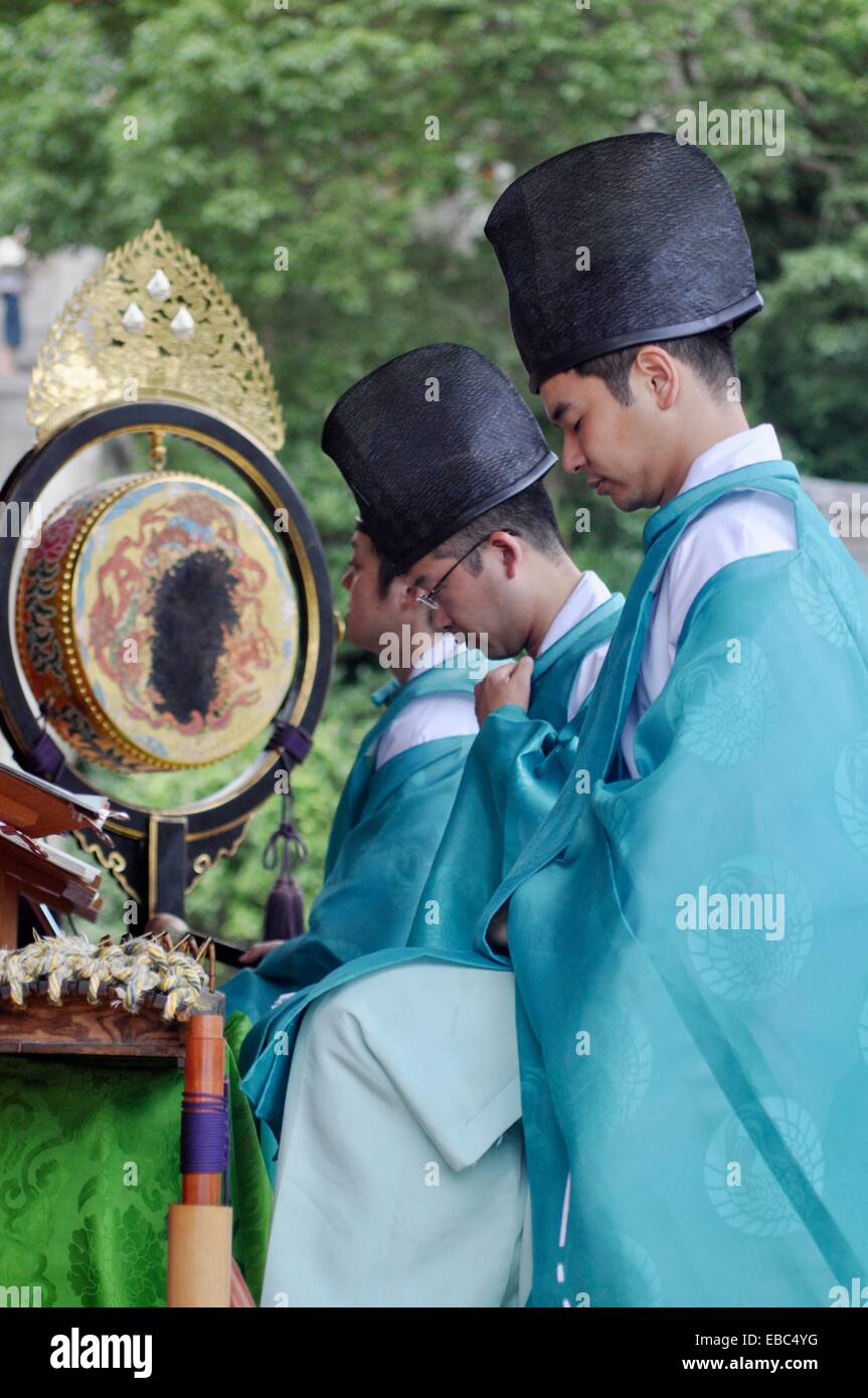 Kamakura, Kanagawa, Japan, Shinto monks playing ritual music during a