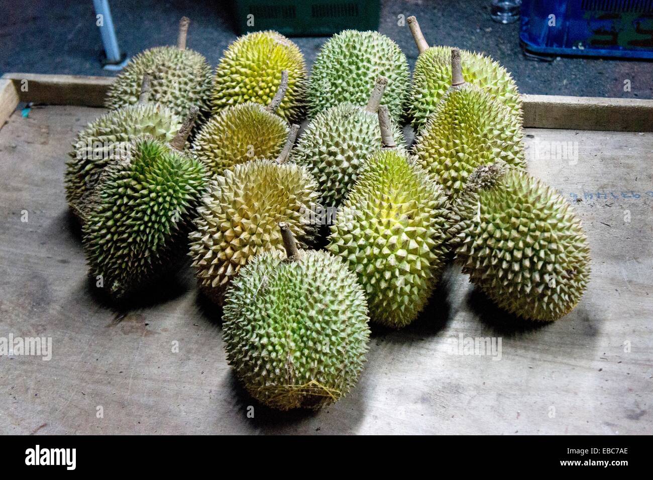 Durians for sale at 3rd Mile Bazaar, Kuching, Sarawak, Malaysia Stock