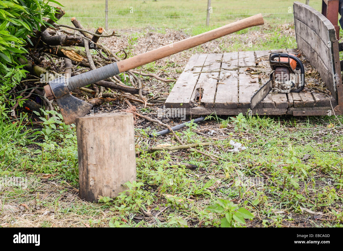 Ax stuck in a log in the field with a chainsaw in the background Stock Photo