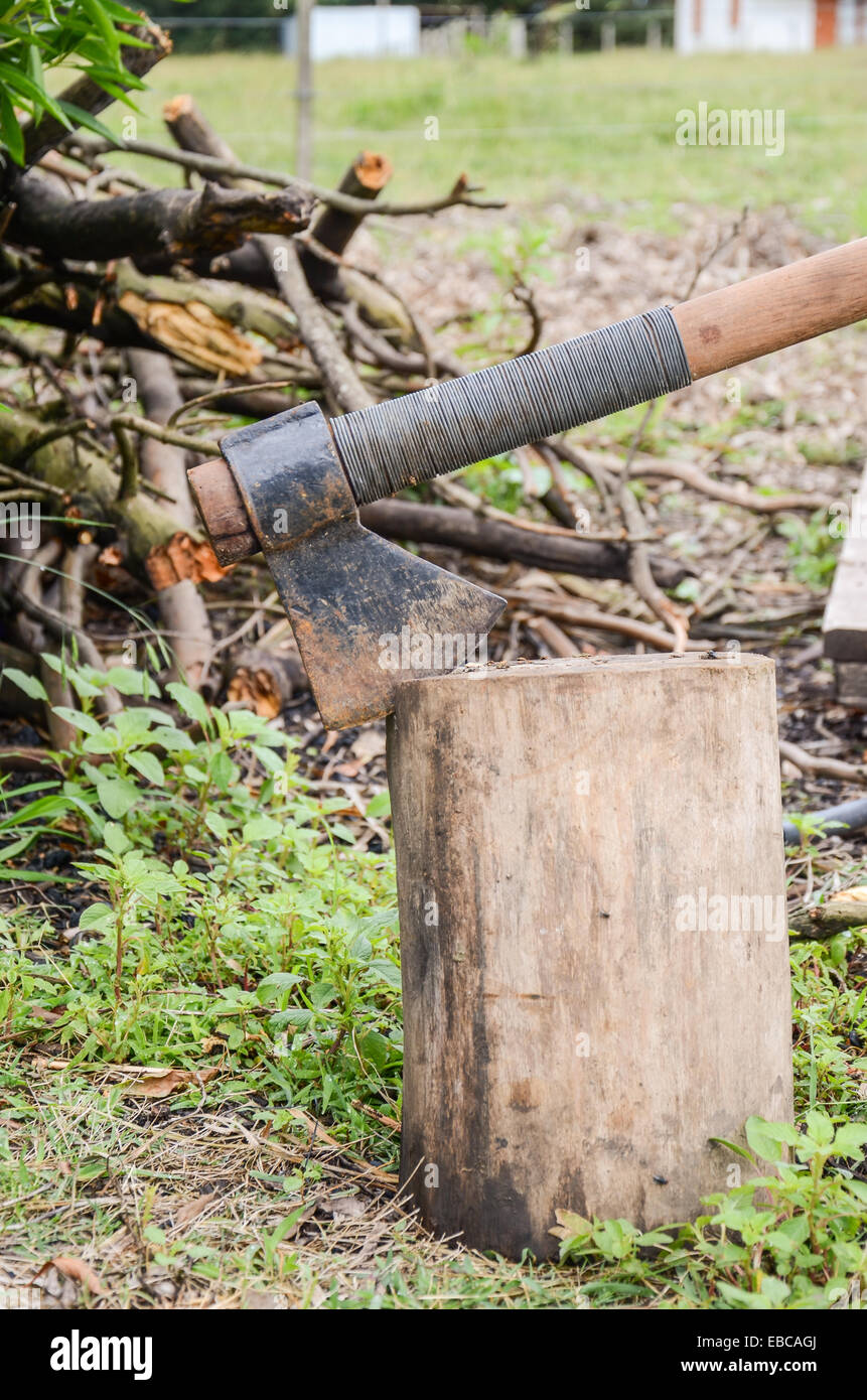 Ax stuck in a log in the countryside Stock Photo