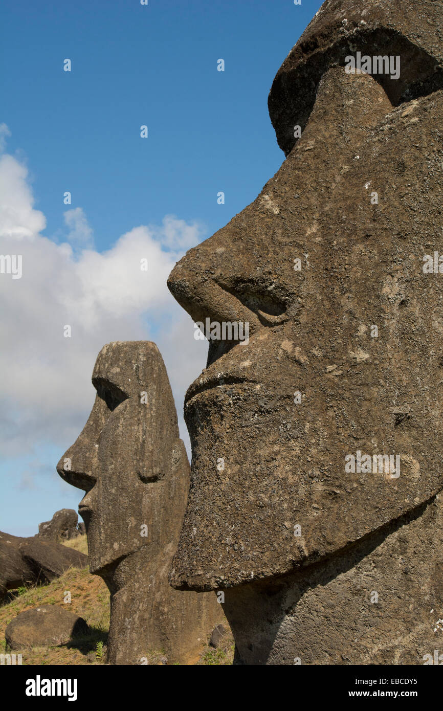 Chile, Easter Island aka Rapa Nui. Rapa Nui National Park, historic site of Rano Raraku “the quarry”. Stock Photo