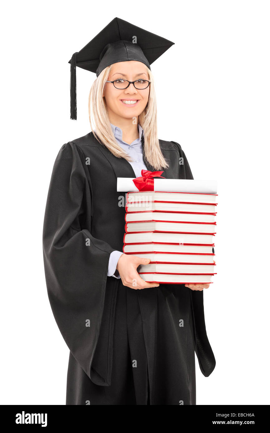 Female graduate student holding a stack of books isolated on white ...