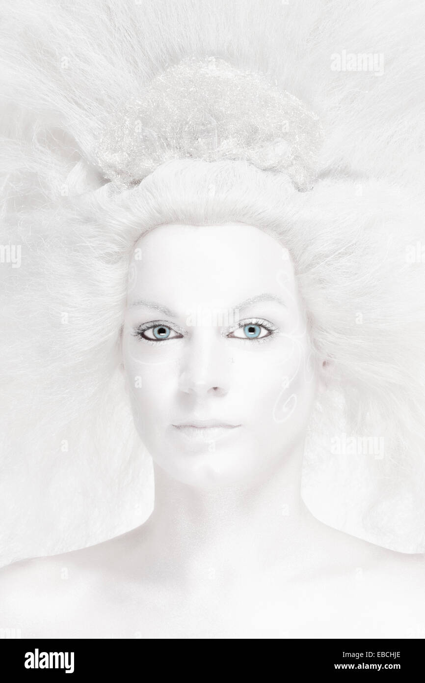 Portrait of a Woman with White Wig Posing as The Snow Queen Stock Photo