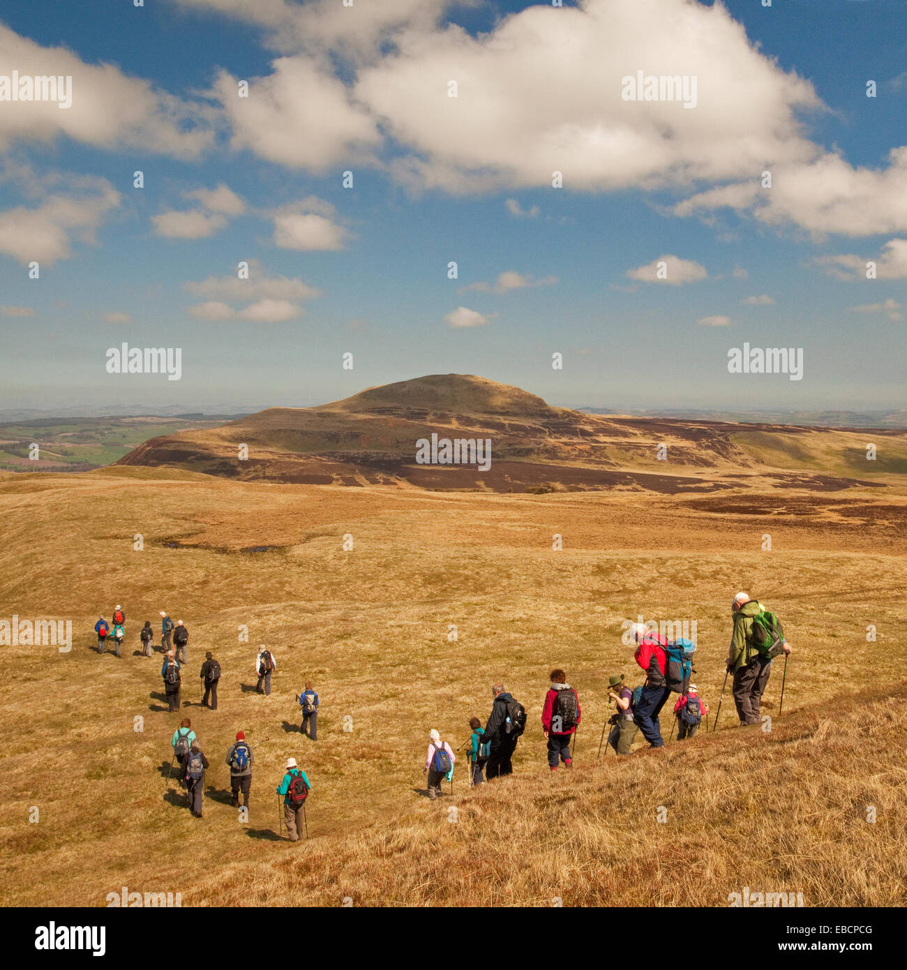 A Rambling Club walking on Bishop Hill in the Lomond Hills near Kinross. West Lomond is in the background. Stock Photo