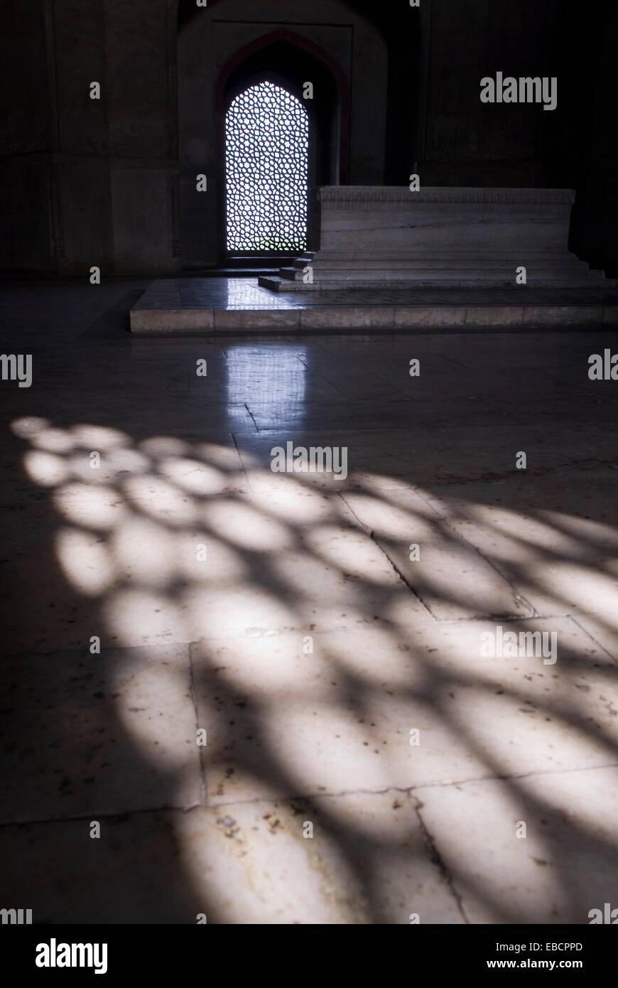 chamber containing cenotaphs lighted with marble lattice screen Humayun´s Tomb Delhi India Asia Stock Photo