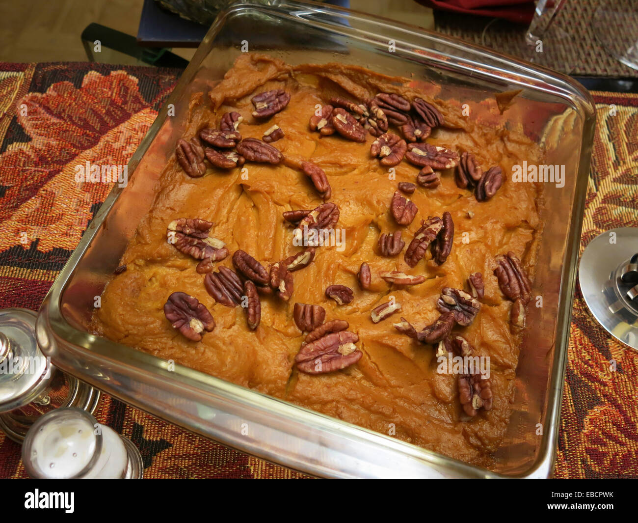 Sweet Potato Casserole with Pecans Side Dish, Thanksgiving, USA Stock Photo