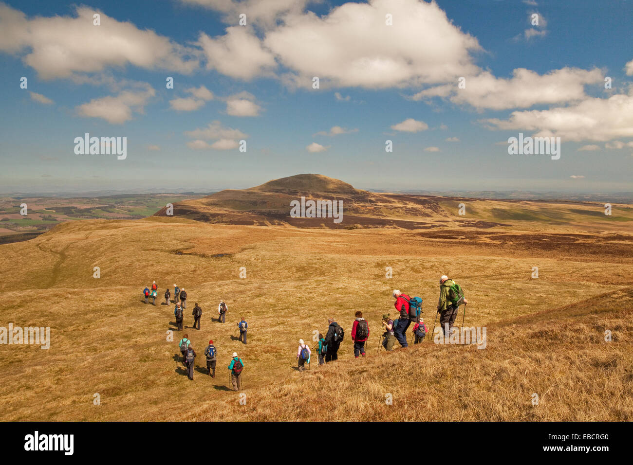 A Rambling Club walking on Bishop Hill in the Lomond Hills near Kinross. West Lomond is in the background. Stock Photo