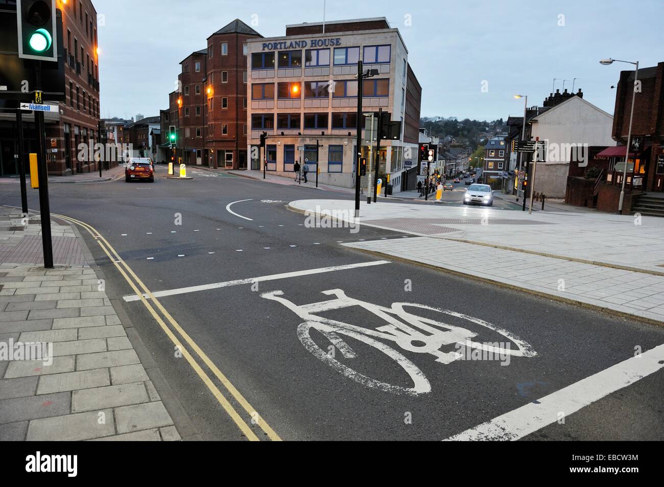 cycle lane road markings in a street of Exeter, Devon county, England