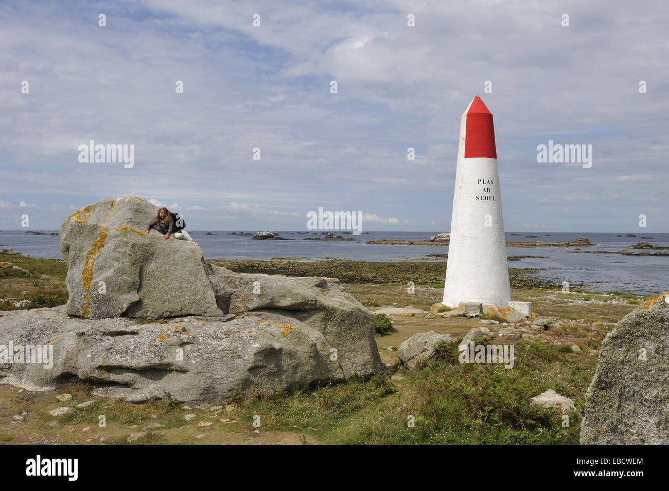 seamark on Ile de Sein, off the coast of Pointe du Raz, Finistere department, Brittany region, west of France, western Europe. Stock Photo
