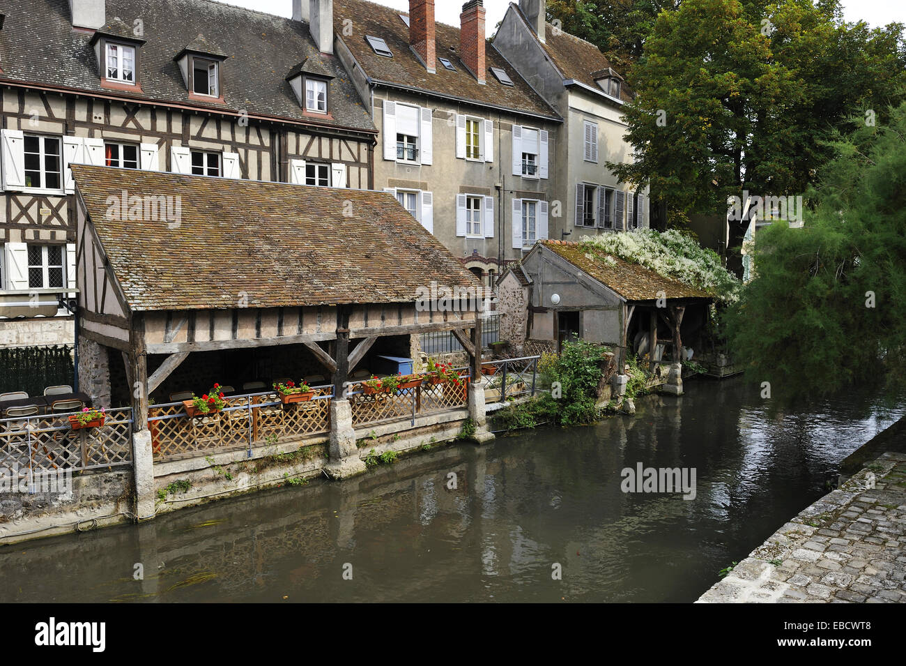 former wash house on Eure River bank, Chartres, Eure & Loir department, region Centre, France, Europe. Stock Photo