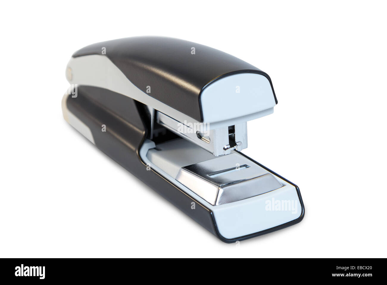 Closeup of a grey office stapler, isolated on white background Stock Photo
