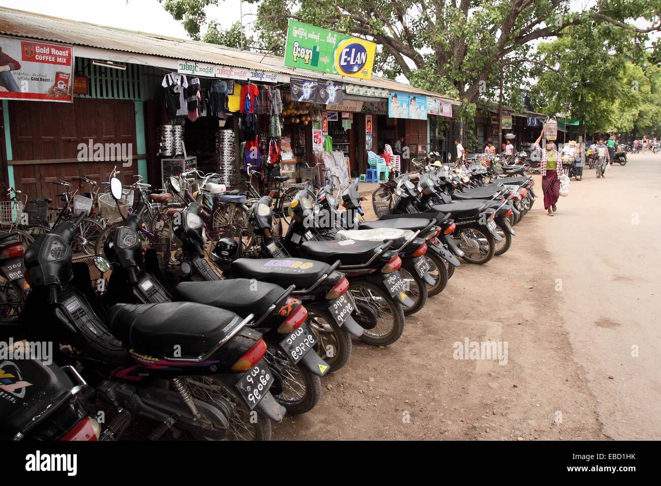 parking in a line Myinkaba market Old Bagan Pagan Burma Myanmar Asia. 