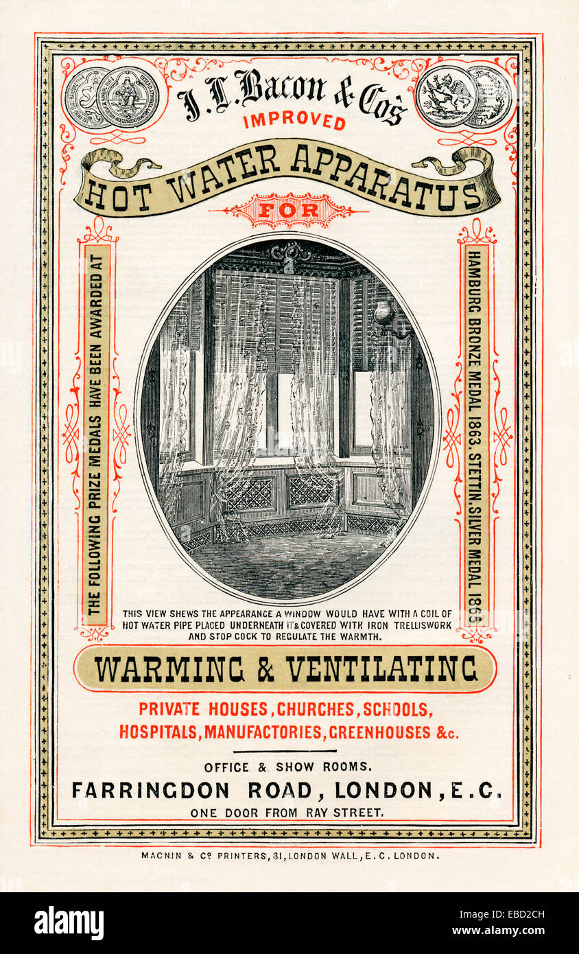 JL Bacon Hot Water Apparatus, 1870 insert ad for the German heating engineers and their London operation, radiators for domestic and commercial premises Stock Photo