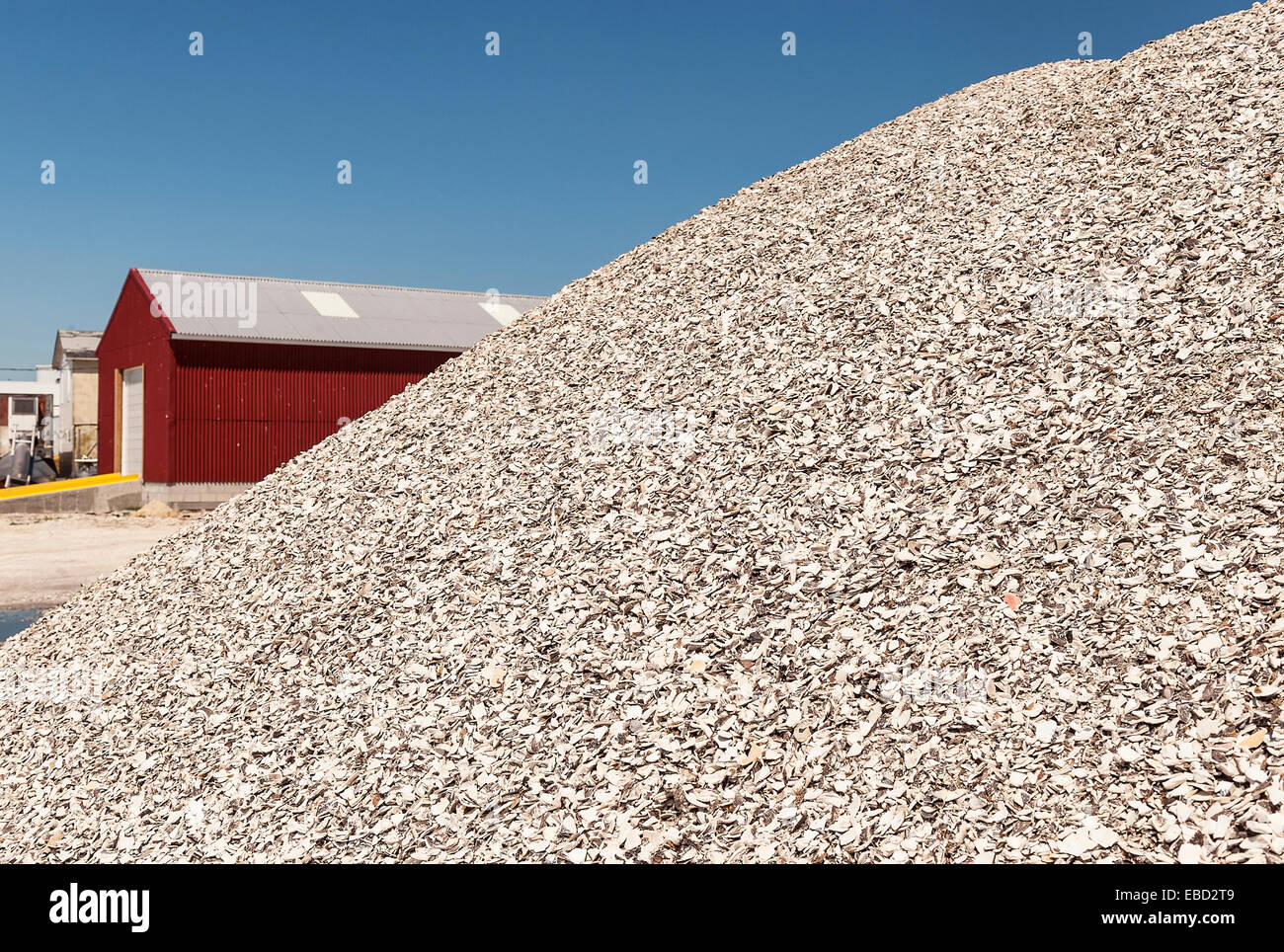 Mountain of broken oyster shells outside a packing shed in the fishing village of Port norris, New Jersey. Stock Photo