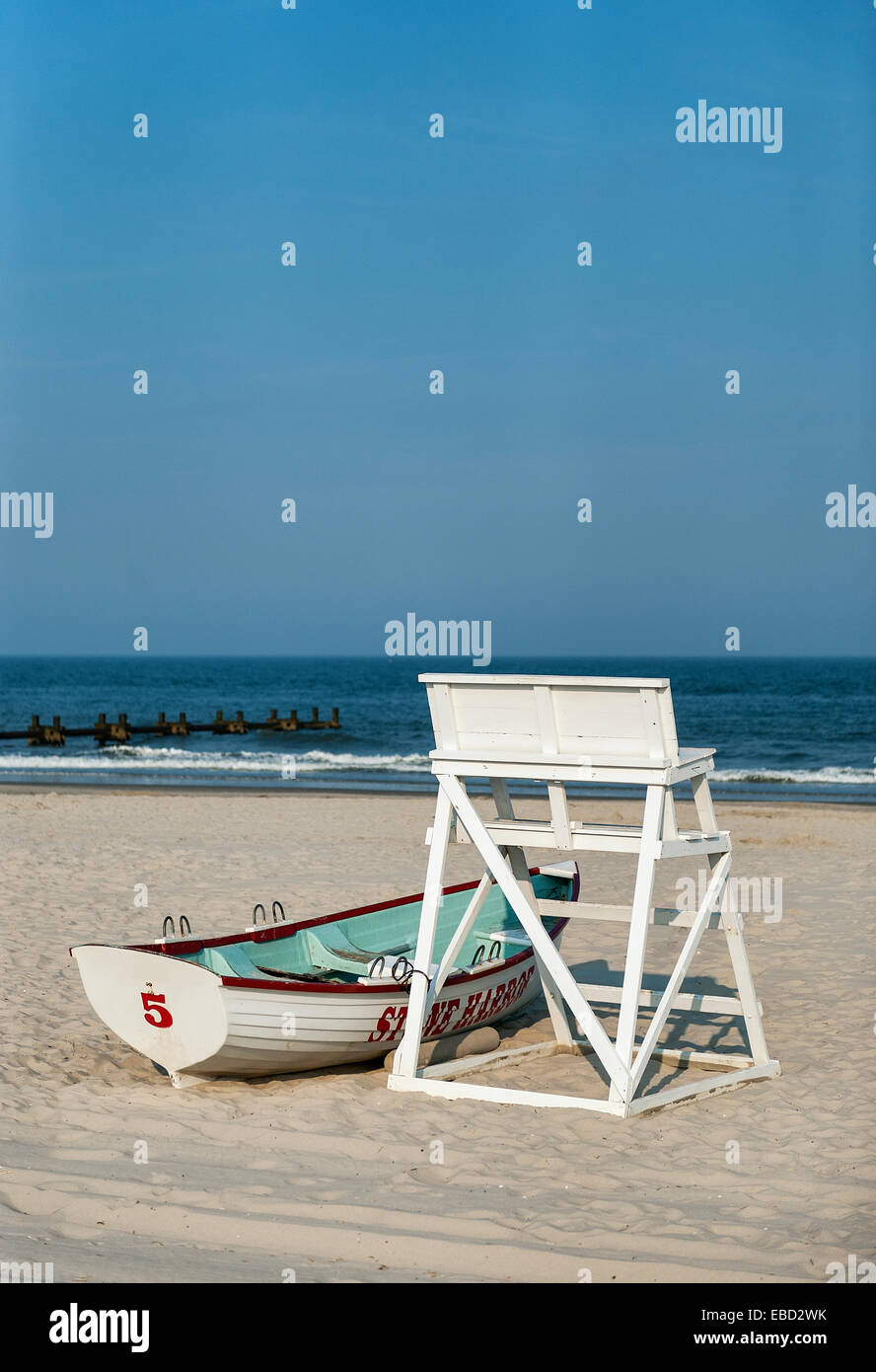 Lifegaurd stand and rescue boat on beach, Stone Harbor, New Jersey, USA Stock Photo