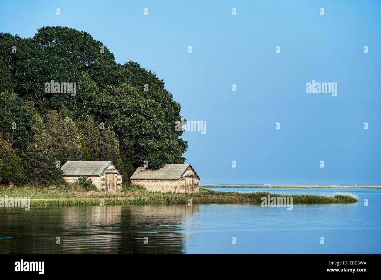 Boathouse on salt pond, Nauset Marsh, Eastham, Cape Cod, Massachusetts, USA Stock Photo