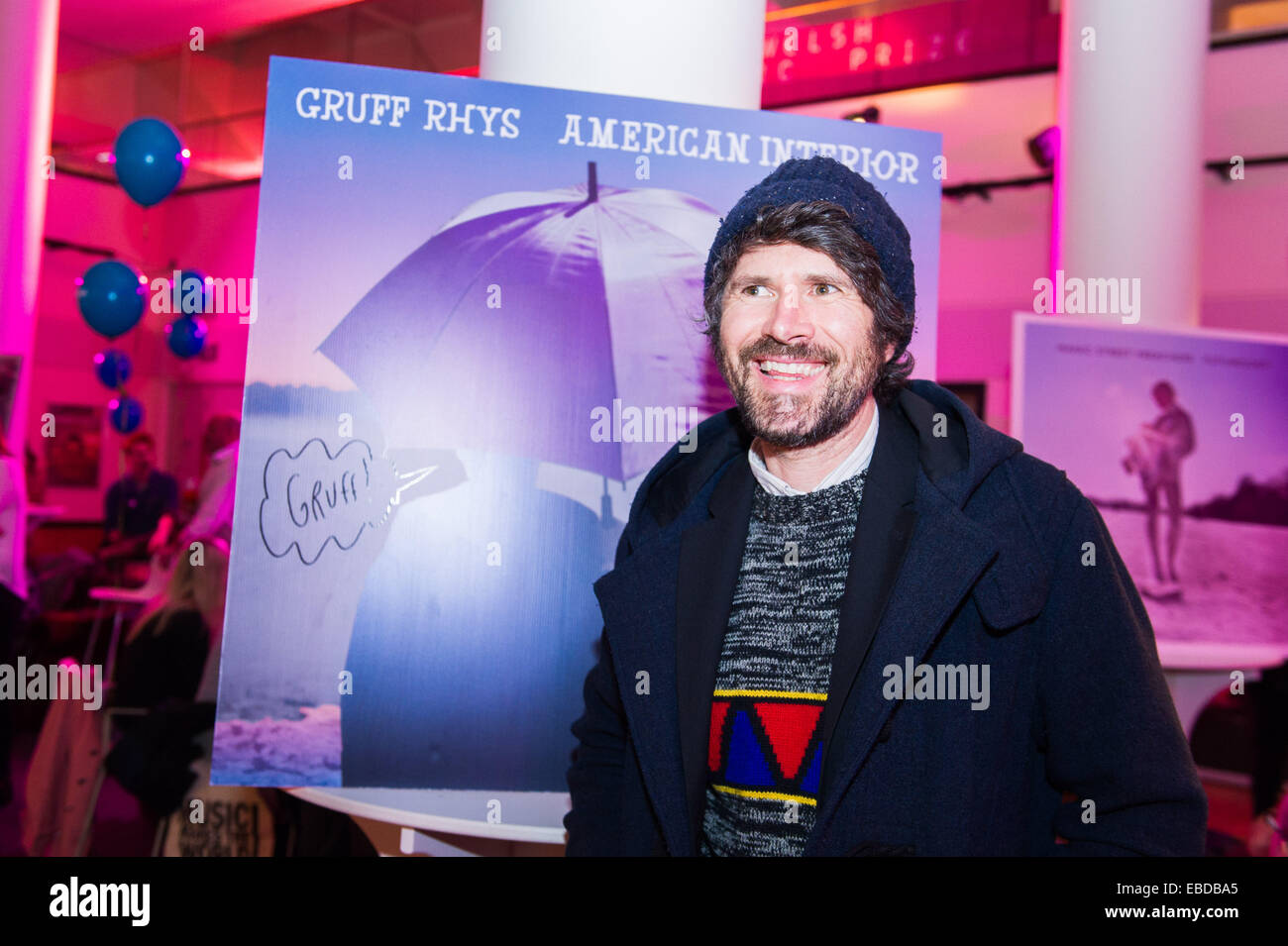 Gruff Rhys with his Welsh Music Prize shortlisted album American Interior. Stock Photo