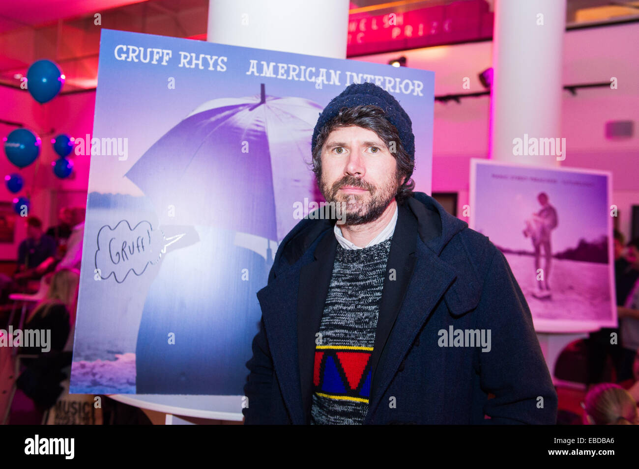 Gruff Rhys with his Welsh Music Prize shortlisted album American Interior. Stock Photo