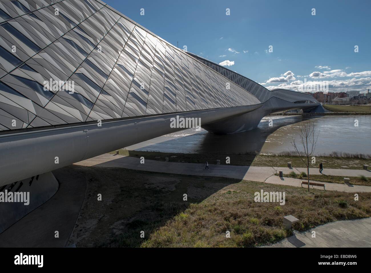 Zaha Hadid bridge, called Pavilion Bridge in ExpoZaragoza area, Saragossa, Aragon, Spain. Stock Photo