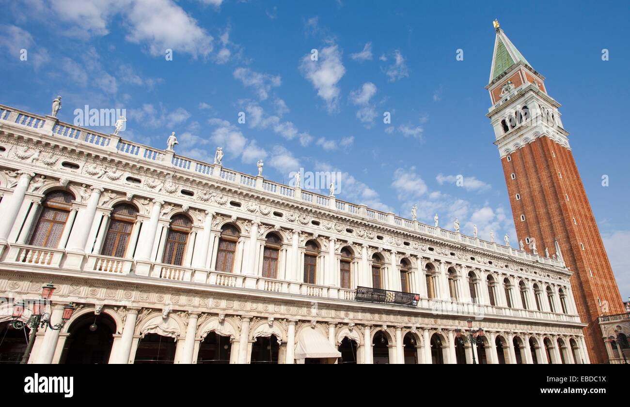Biblioteca Nazionale Marciana, National Library of St Mark's, Bell Tower or Campanile, San Marcos square, Saint Marks Square, Stock Photo