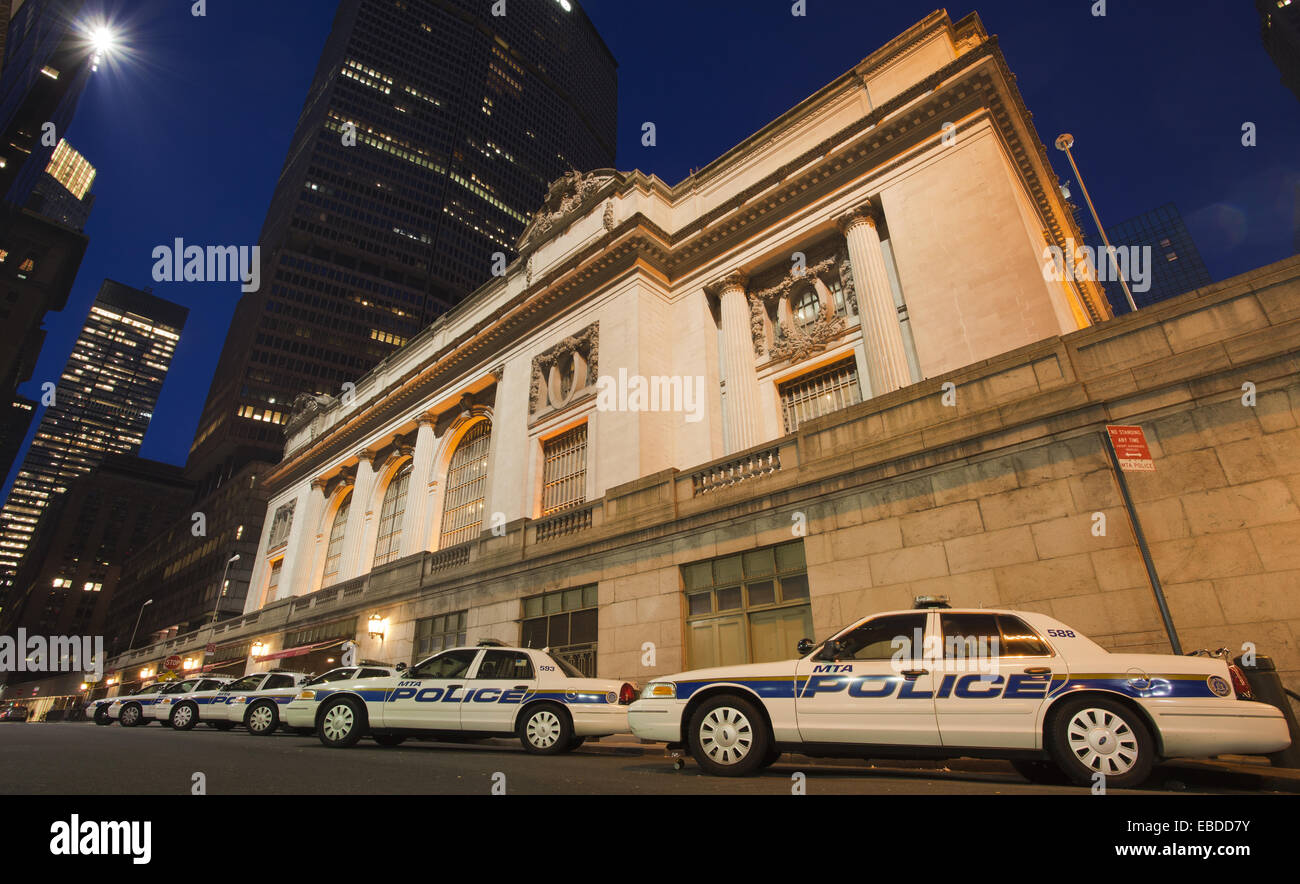 Police Cars, Vanderbilt Avenue, Grand Central Station or Grand Central Terminal, Met Life building and Chrysler building, Stock Photo