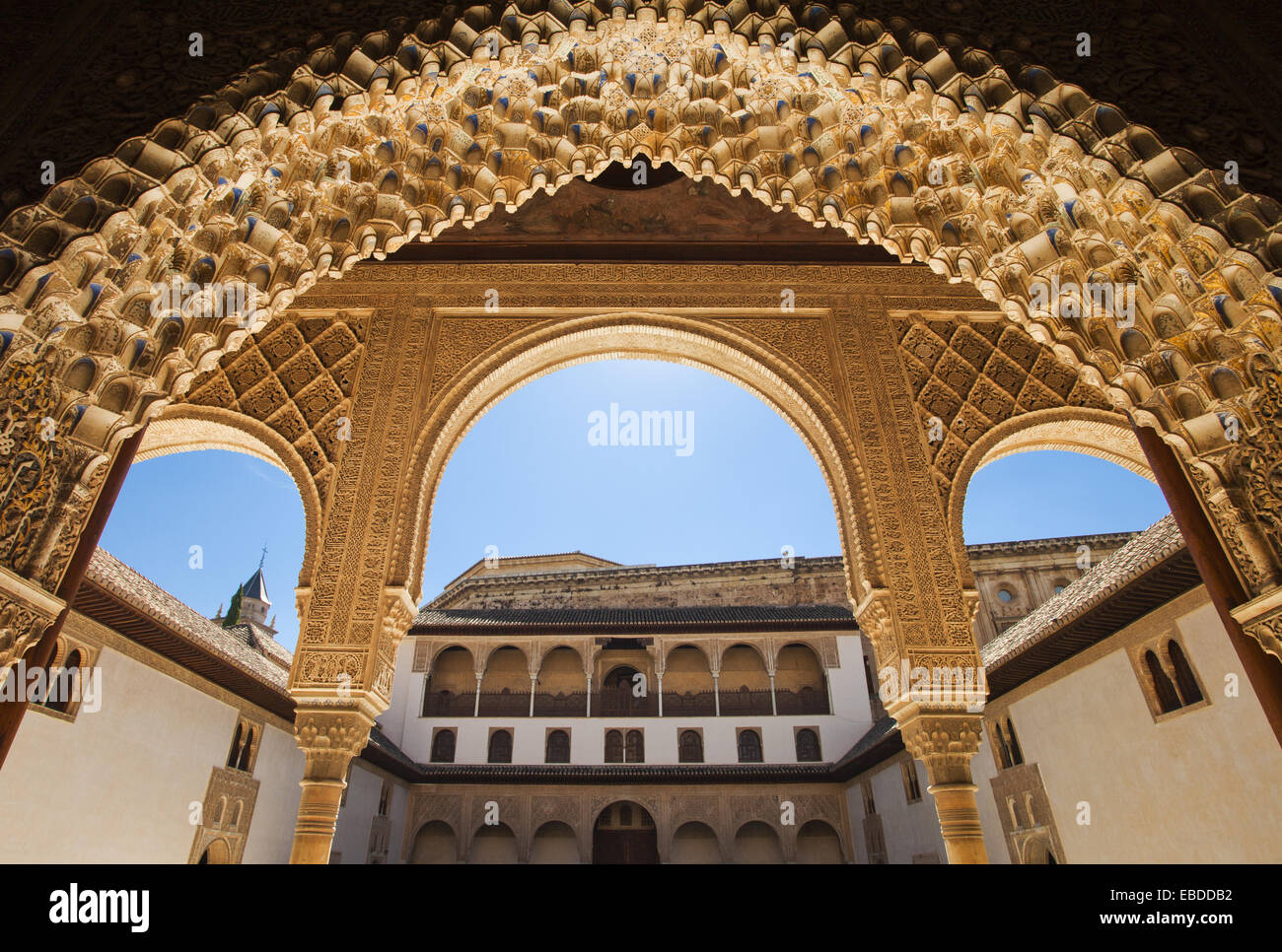 Alhambra Andalusia arch architecture art building built structure color image Court of the Myrtles courtyard day decoration Stock Photo
