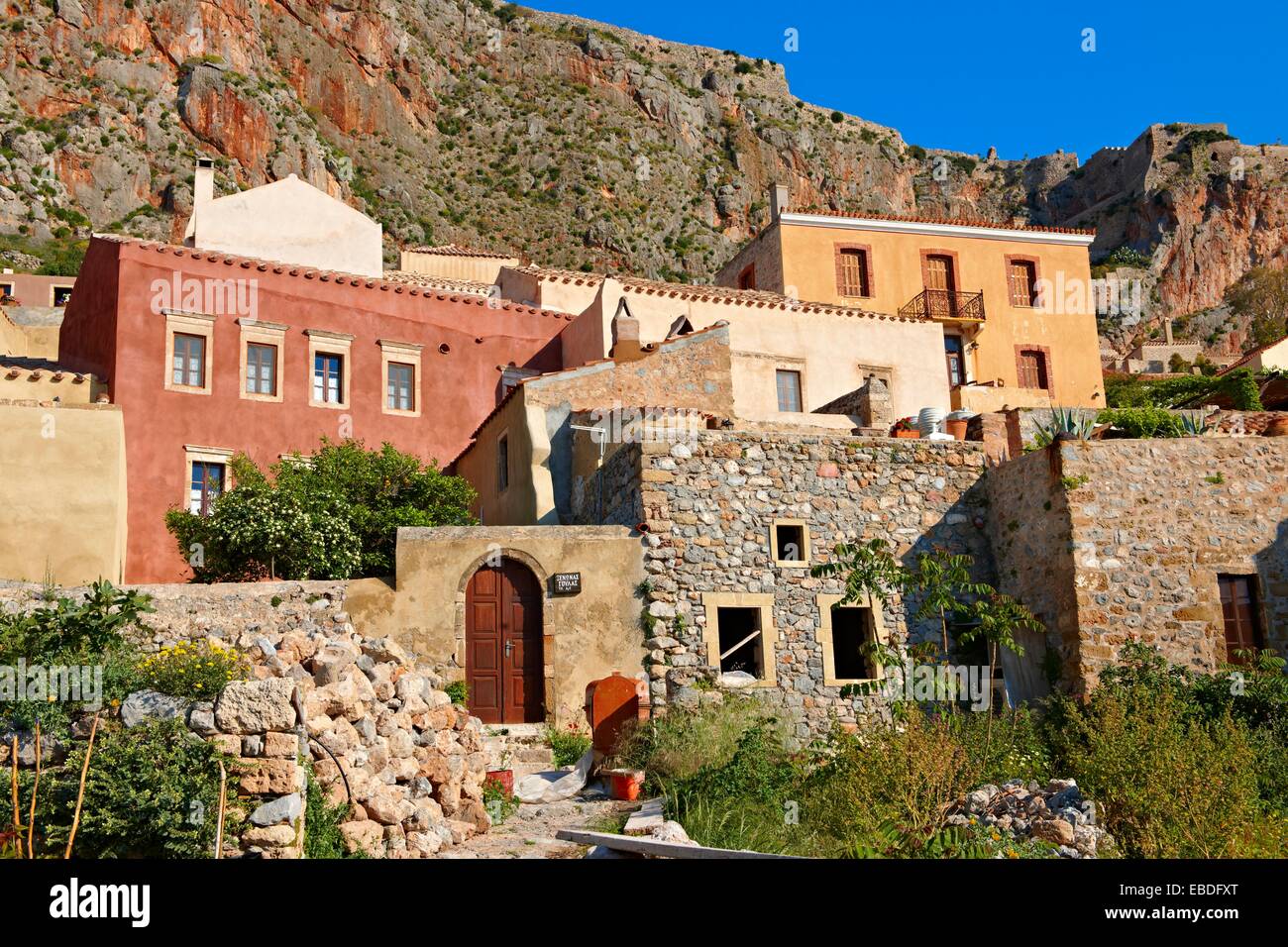 Houses of Monemvasia Byzantine Island catsle town with acropolis on the