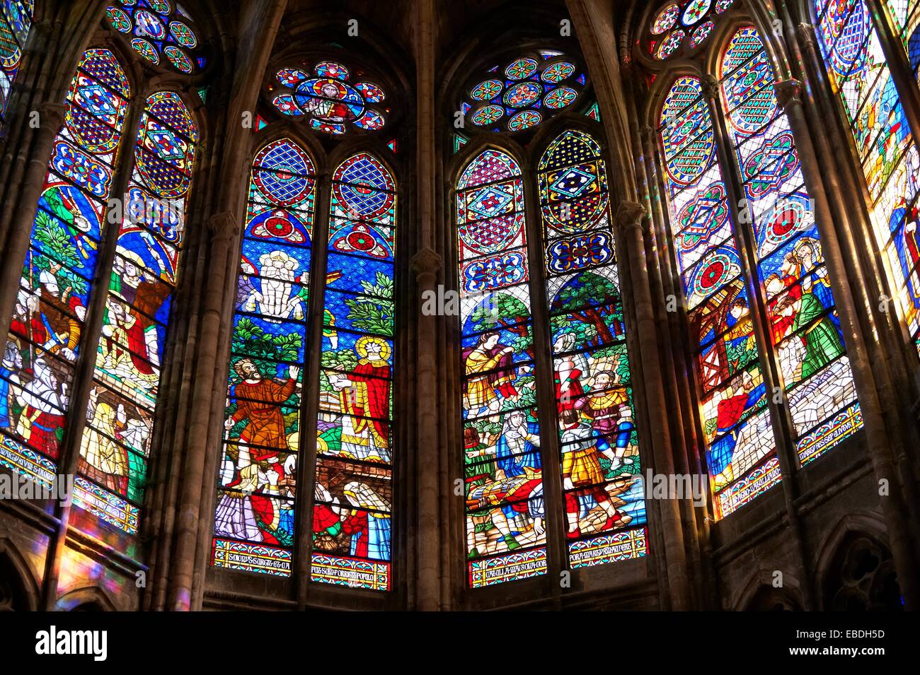 Medieval Gothic stained glass window showing scenes from the Martyrdom