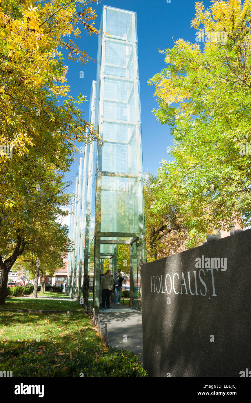 Boston Holocaust Memorial with tourists walking through in October 2014. Stock Photo