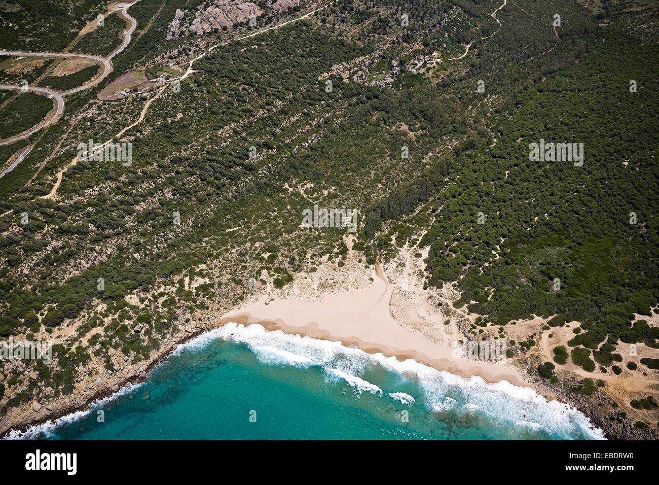 aerial view after Andalusia area beach body of water bolonia Cadiz clear coast coastal coastline color image day desertic dune Stock Photo