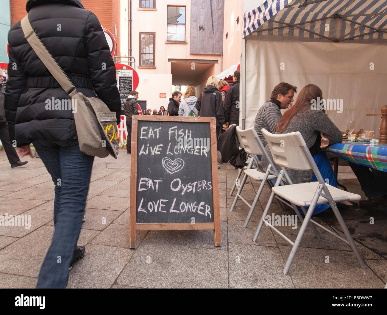 Eat Fish Live Longer, Eat Oysters Love Longer Sign at Food Market