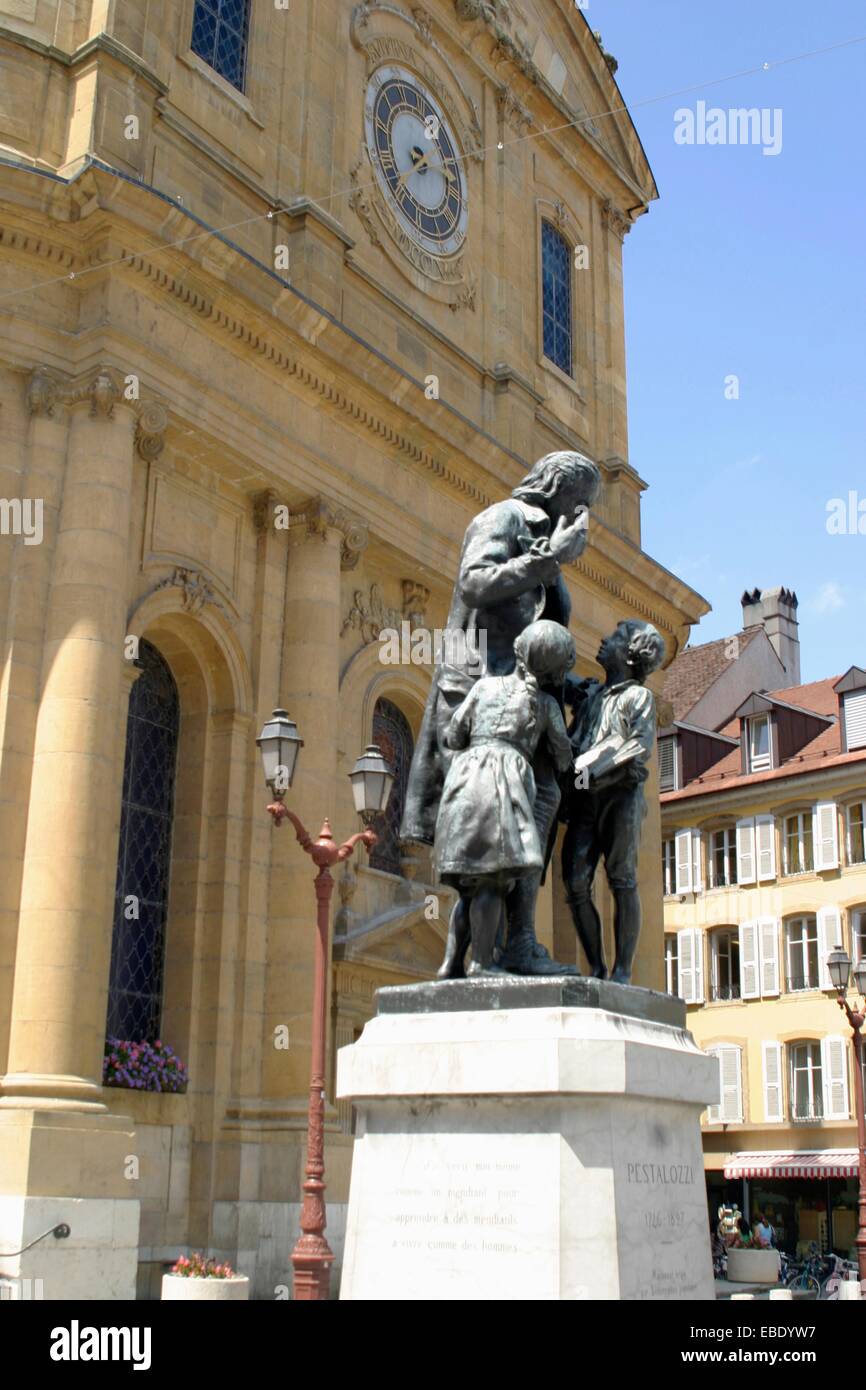 The Pestalozzi Statue and the Temple, 1400 Yverdon-les-Bains, Vaud, Switzerland. Stock Photo