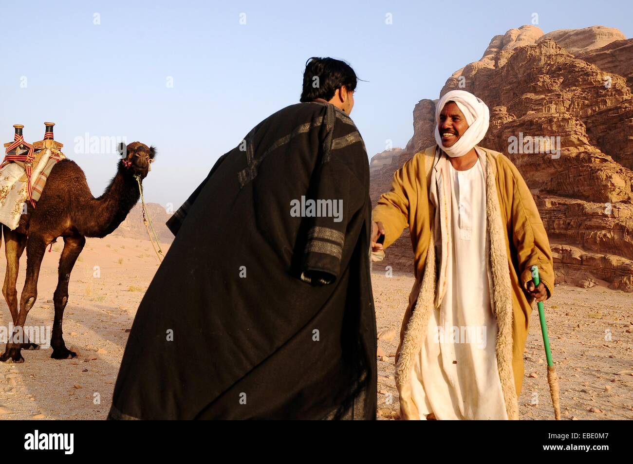men with camels Wadi Rum desert Jordan Middle East Stock Photo Alamy