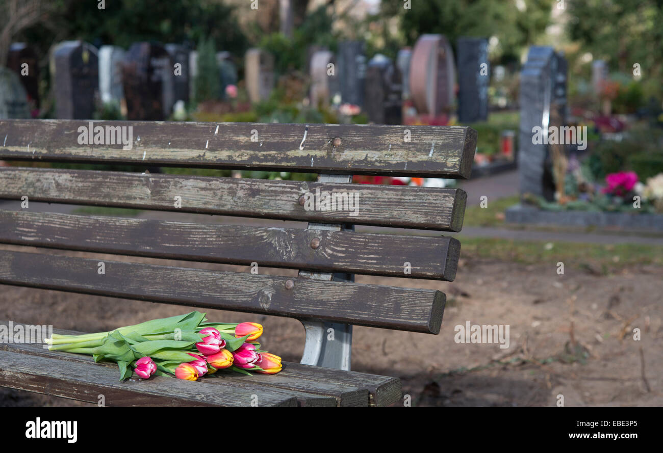 Close-up of a bunch of tulips on wooden bench at cemetery, Germany Stock Photo