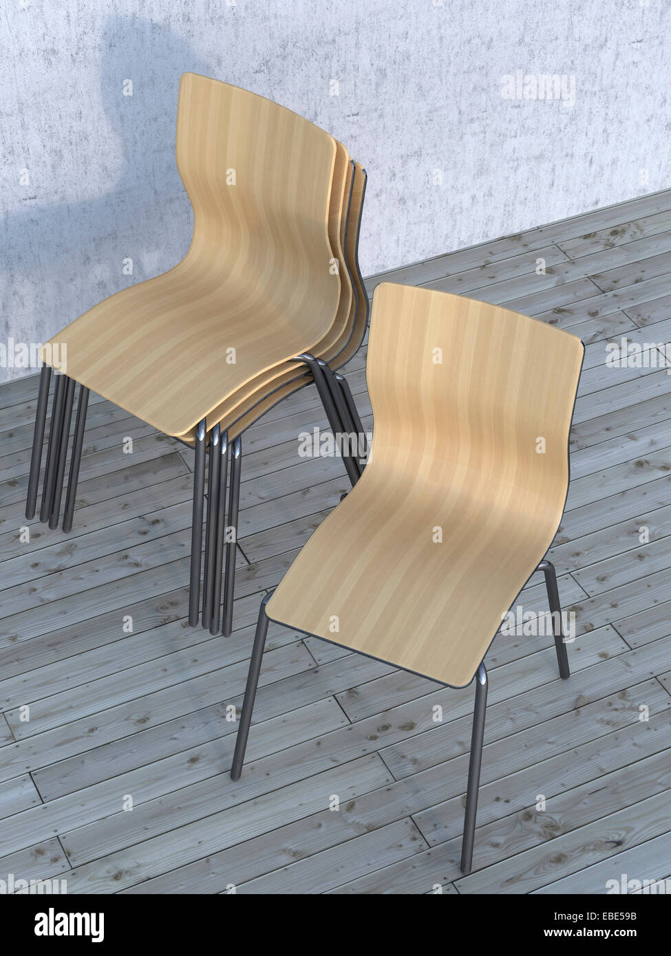 Digital Illustration of Pile of Chairs with one Seperated on Hardwood Floor Stock Photo