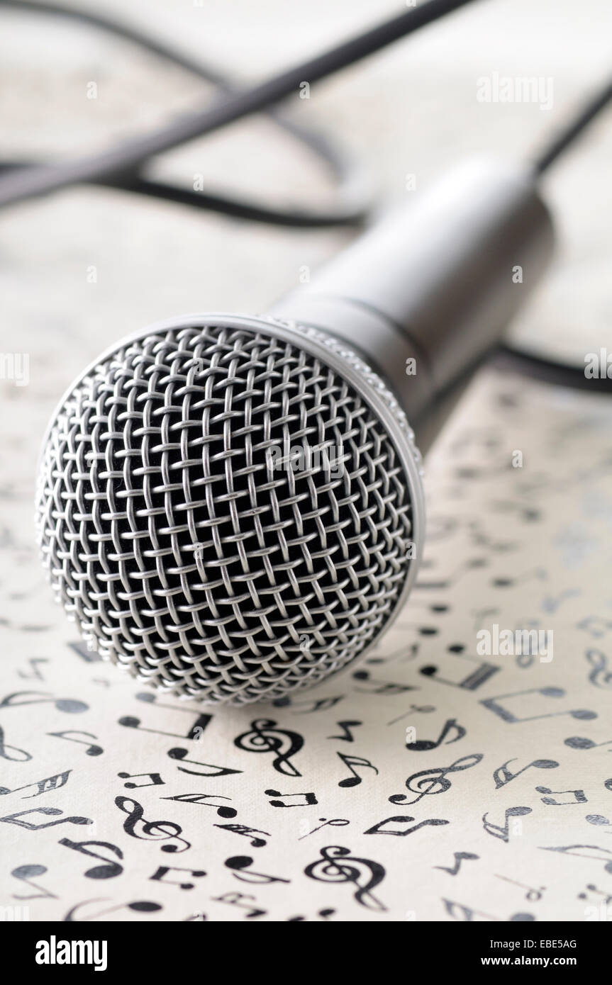 Close-up of Microphone on Music Note Background Stock Photo - Alamy