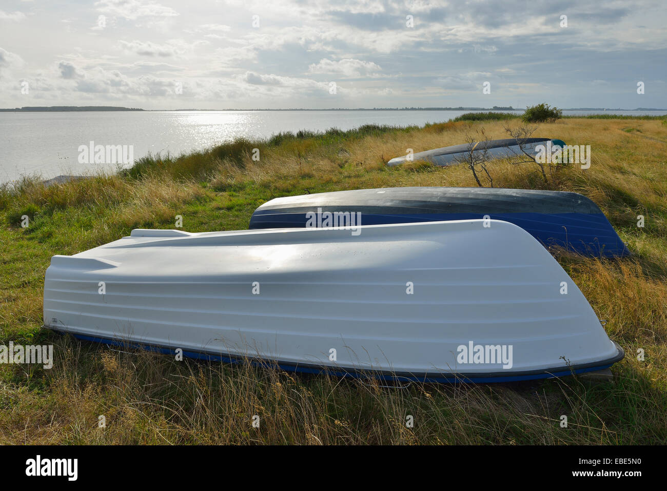 Boats docked on beach, Summer, Vitte, Baltic Island of Hiddensee, Baltic Sea, Western Pomerania, Germany Stock Photo