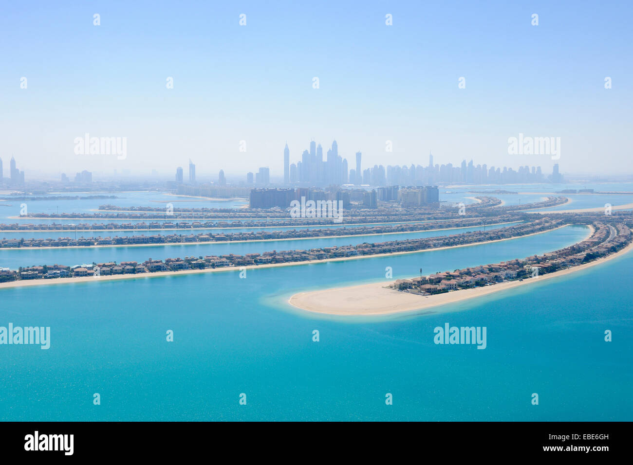 Aerial View of Palm Jumeirah with Skyscrapers in background, Dubai, United Arab Emirates Stock Photo
