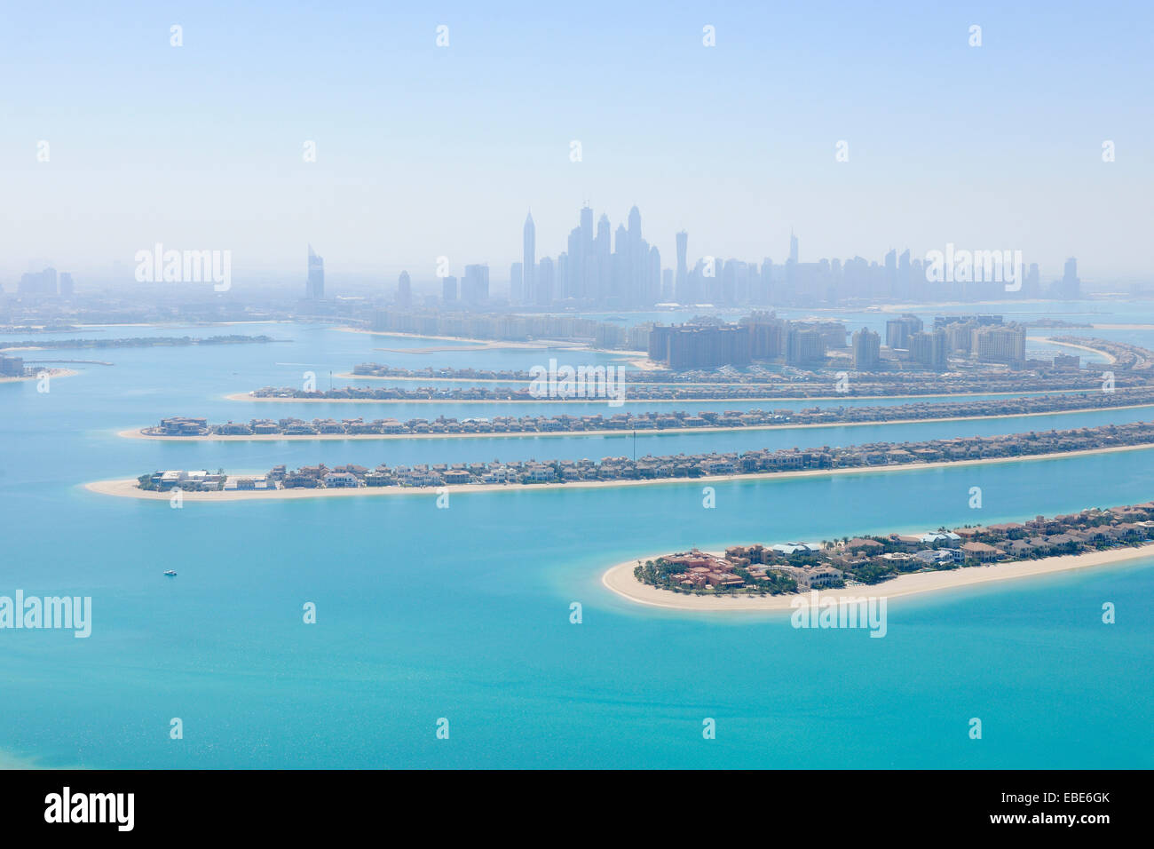 Aerial View of Palm Jumeirah with Skyscrapers in background, Dubai, United Arab Emirates Stock Photo
