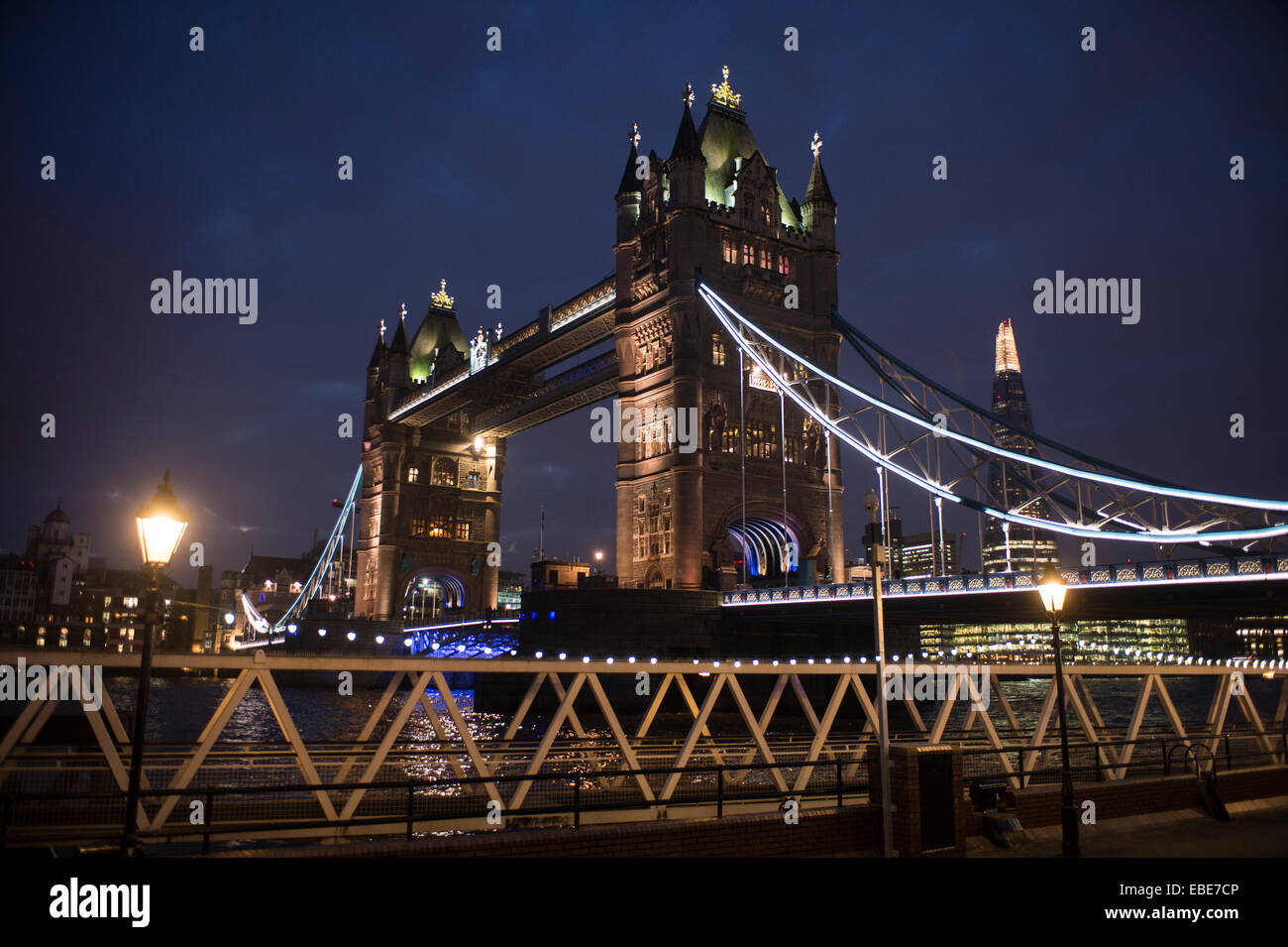 Pic shows Tower Bridge and The Shard in London, England photographed at Dusk Stock Photo